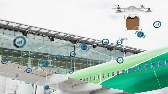 Animation of network of digital icons and drone carrying a package over airplane at an airport