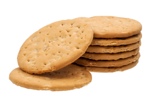 Close up, snack, stack of round cookies or biscuits baked crispy rich tea, isolated on transparent background.