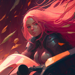 Riding in Style: A Pink-Haired Beauty on Her Motorcycle. Generative AI
