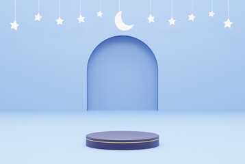 3d Platform with blue background star, ramadan kareem concept. 3d illustration rendering