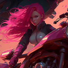 Riding in Style: A Pink-Haired Beauty on Her Motorcycle. Generative AI
