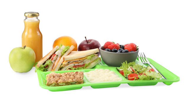Serving tray of healthy food isolated on white. School lunch