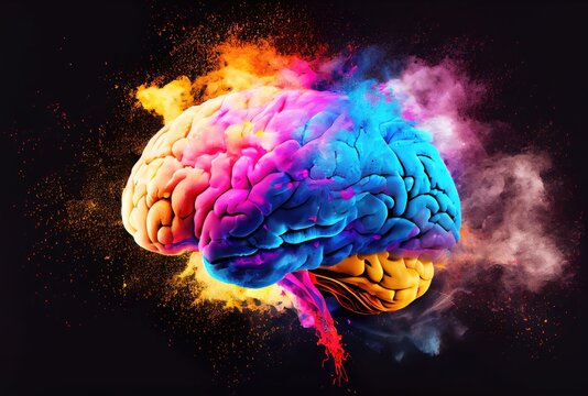Creativity colorful brain exploding with powerful multicolor by powder coating color. Digital art illustration. Deep learning and mind blown concept. Generative AI