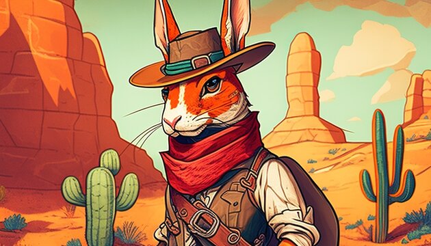 tough cowboy rabbit digital art illustration, Generative AI