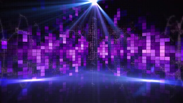 Animation of blue light spots and purple music equalizer against black background