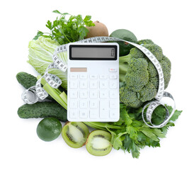 Calculator, measuring tape and food products on white background, top view. Weight loss concept