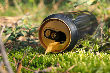 Used aluminium can on green grass outdoors, closeup. Recycling problem