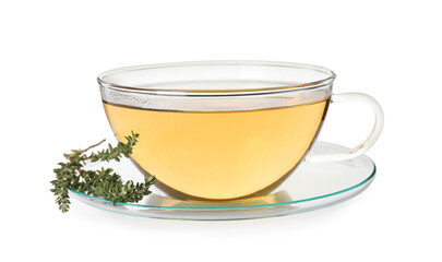 Cup of aromatic herbal tea and fresh thyme isolated on white