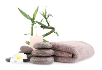 Composition with spa stones and bamboo on white background