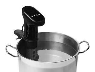 Thermal immersion circulator for sous vide cooking in pot on white background, closeup