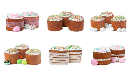 Collage of beautifully decorated Easter cakes on white background