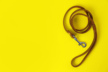 Brown leather dog leash on yellow background, top view. Space for text