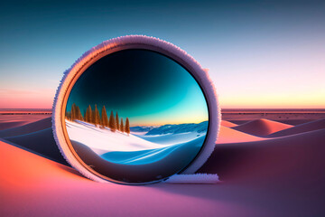 frozen abstract frame with a winter landscape in the middle of the desert , AI generated illustration