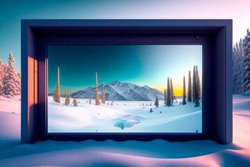 abstract window in the middle of the field with snow and trees, winter, snowy mountain , AI generated illustration