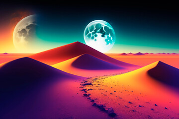 desert with the sunset and two moons in the sky , stars , AI generated illustration