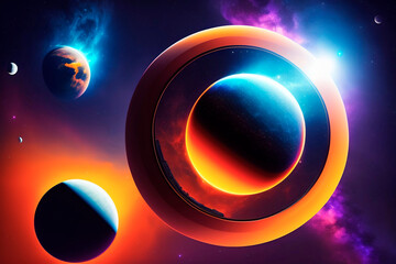 abstract planets in space, moon and sun , AI generated illustration