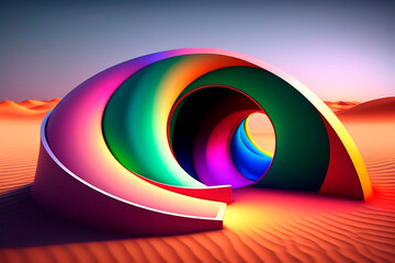3d abstract object in the middle of the desert with led lights of different colors, blue sky, 3d object , AI generated illustration