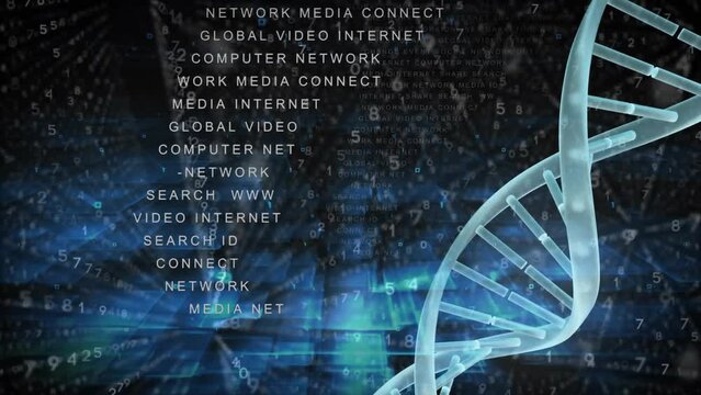 Animation of dna structure spinning and hexagonal pattern over binary coding and blue square shapes