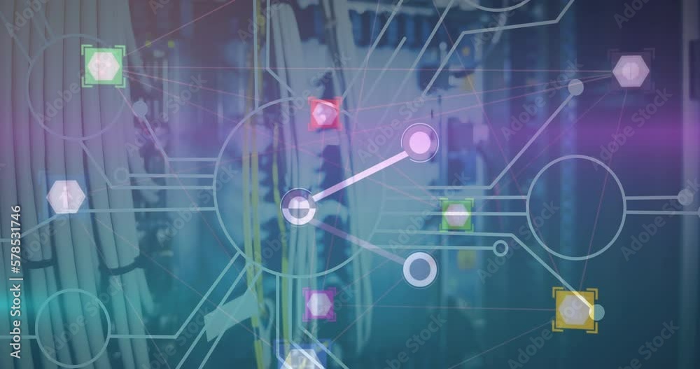 Poster animation of network of digital icons against close up of a computer server