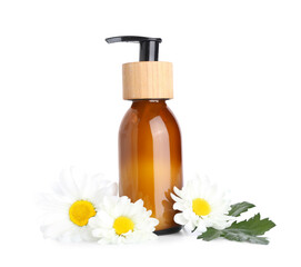 Fototapeta na wymiar Bottle of cosmetic product and chamomile flowers on white background