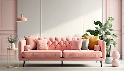 Large living room with pink couch and beige colors. Minimalist modern interior design for mockup. Generative AI.