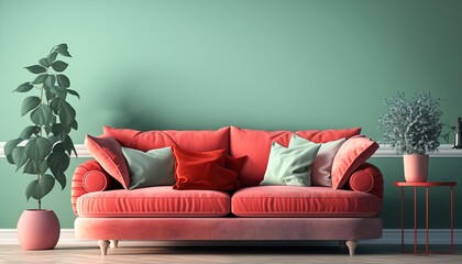 Large living room with red couch and green wall colors. Minimalist modern interior design for mockup. Generative AI.