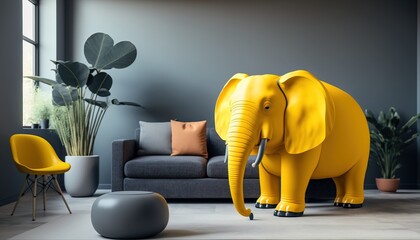 Yellow elephant in the room. Large living room with grey couch. Minimalist modern interior design for mockup. Generative AI.