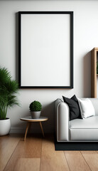 Home mockup, white room with natural wooden furniture. Minimalist frame mockup in modern home interior. Generative AI.