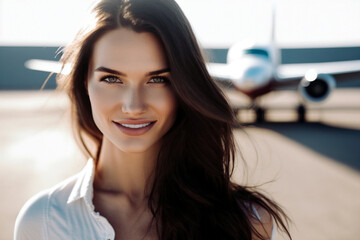 young adult woman in the airport in the departure hall, woman with a pretty face, a close-up portrait, a fictional place and person. Generative AI