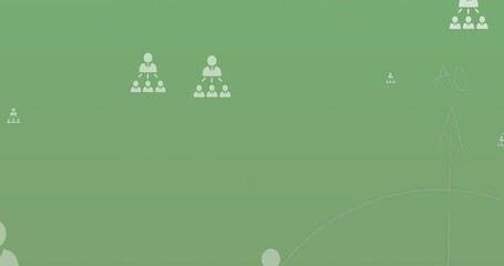 Animation of network of profile icons and mathematical equations floating against green background - Powered by Adobe