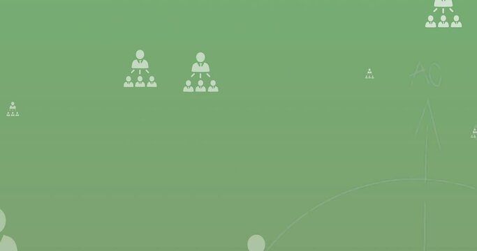 Animation of network of profile icons and mathematical equations floating against green background - Powered by Adobe