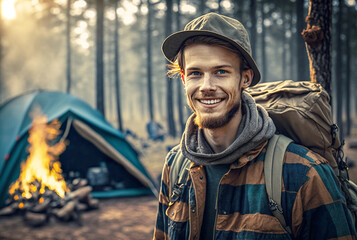 young adult man is outdoors in nature in the forest with a camping tent and a campfire, wearing a jacket, hiking or overnight stay as an adventure or for relaxation. Generative AI