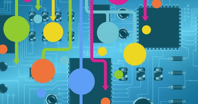 Animation of colorful connecting dots over circuit board in seamless pattern on blue background