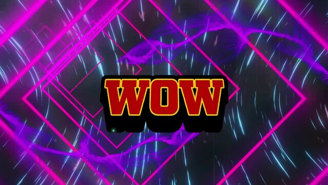 Animation of wow text banner over retro speech bubble against concentric squares and digital waves