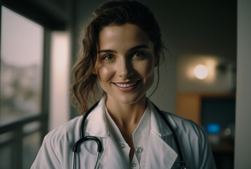 adult young woman is doctor with a stethoscope and white doctor's coat, in a room or doctor's office or hospital, smiling sympathetic nice. Generative AI