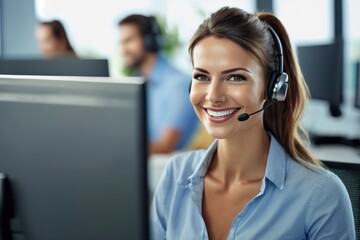 Portrait of a smiling woman in a call centre wearing a headset 