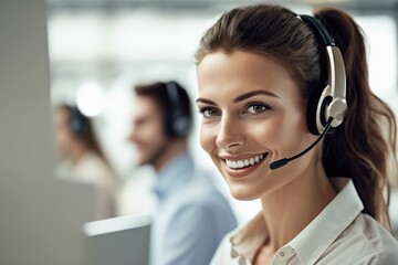 Portrait of a smiling woman in a call centre wearing a headset 