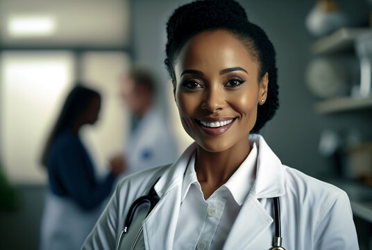 Adult Mature Afro American Dark Skinned Woman Is Doctor With A Stethoscope And White Doctor's Coat, In A Room Or Doctor's Office Or Hospital, Smiling Personable Nice. Generative AI