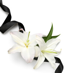 Black funeral ribbon and beautiful lily flowers on white background