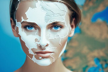 abstract makeup of an abstract map, ukraine multiethnic young woman with makeup, slender beautiful young adult woman. Generative AI