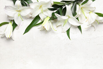 Composition with delicate lily flowers on light background - obrazy, fototapety, plakaty