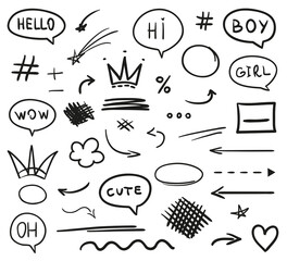 Fototapeta premium Infographic elements on isolated white background. Hand drawn simple signs. Line art. Set of different shapes. Black and white illustration. Doodles for artwork