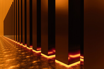 Abstract background of metallic cubic pillars aligned in rows. Texture backgrounds. 3d rendering.