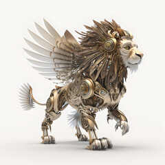 clockwork winged lion isolated on white background made with generative ai	
