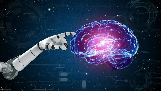 Robot hand with glowing brain on future virtual background. AI artificial intelligence, machine learning concept, digital chatbot, big data, cloud computing, computer network and innovation technology