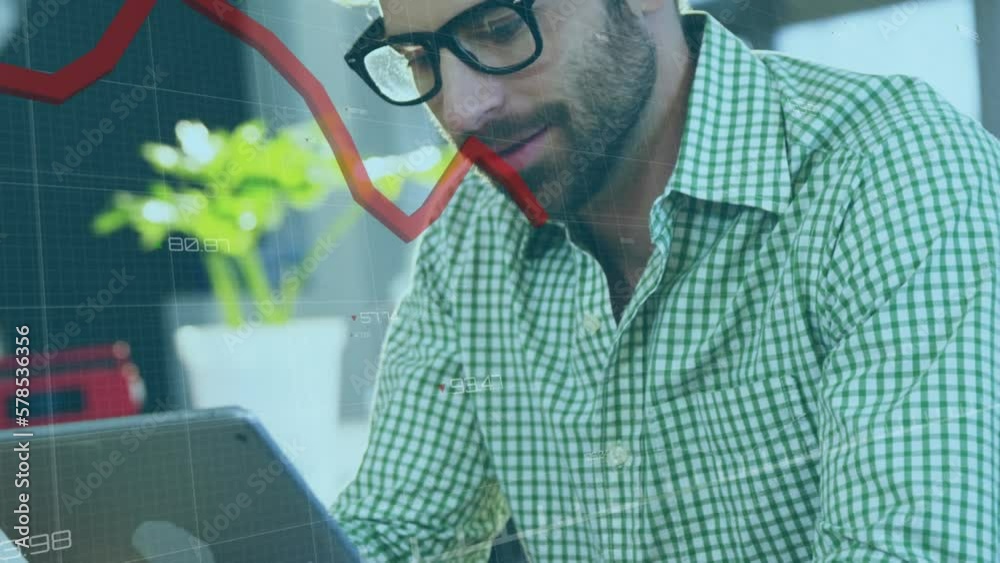 Poster animation of falling graph with changing numbers over caucasian man using digital tablet in office