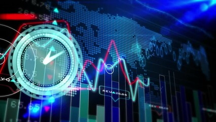 Animation of neon ticking clock, statistical and stock market data processing over world map - Powered by Adobe