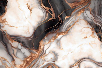 White marble with with gold and copper metal veins surface abstract background. Decorative acrylic paint pouring rock marble texture. Horizontal natural copper and gold abstract pattern.