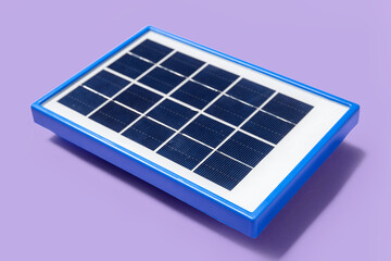 Portable solar panel on lilac background, closeup