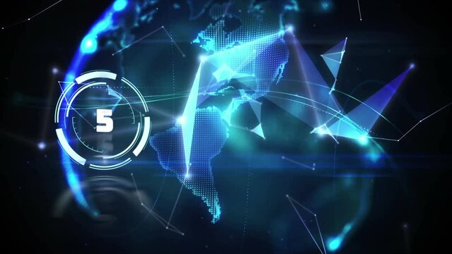 Animation of countdown over round scanner against globe of plexus networks and blue light spots